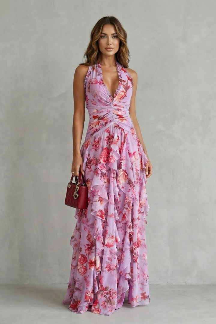Belladina | Romantisches Rosen-Maxikleid mit Amerikanischem Ausschnitt