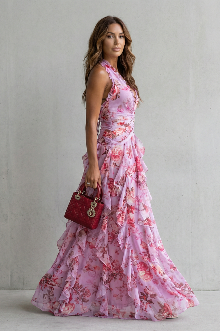 Belladina | Romantisches Rosen-Maxikleid mit Amerikanischem Ausschnitt