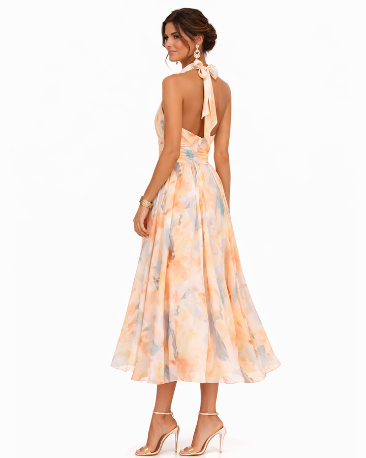 Aurora | Maxikleid mit Halterkragen und Aquarelldruck