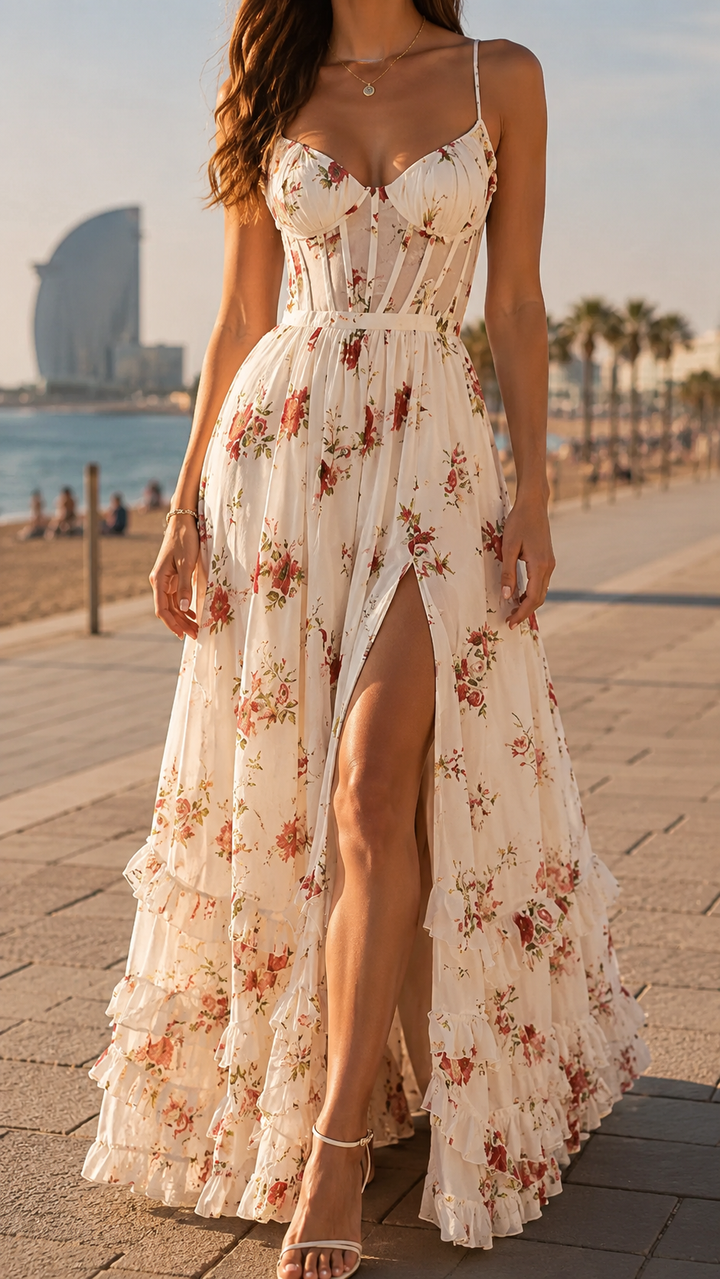 Thalia | Romantisches Floral-Maxikleid mit Beinschlitz