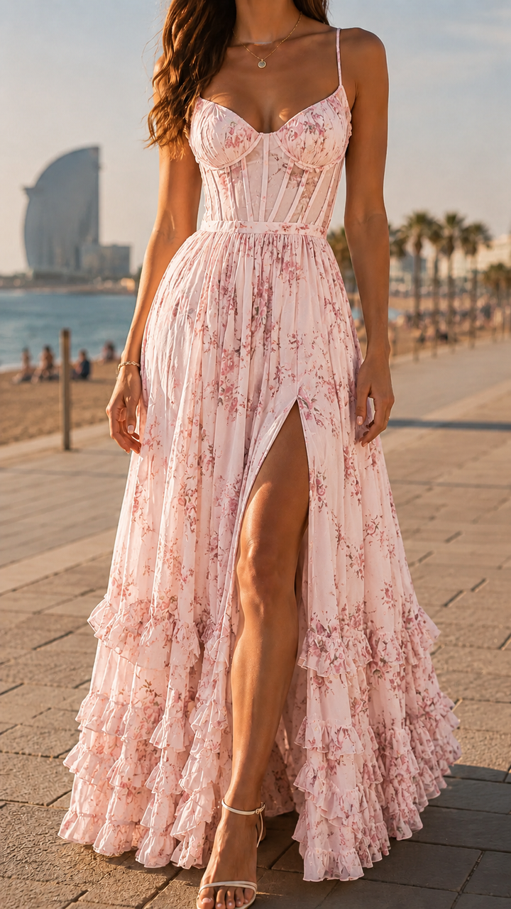 Thalia | Romantisches Floral-Maxikleid mit Beinschlitz