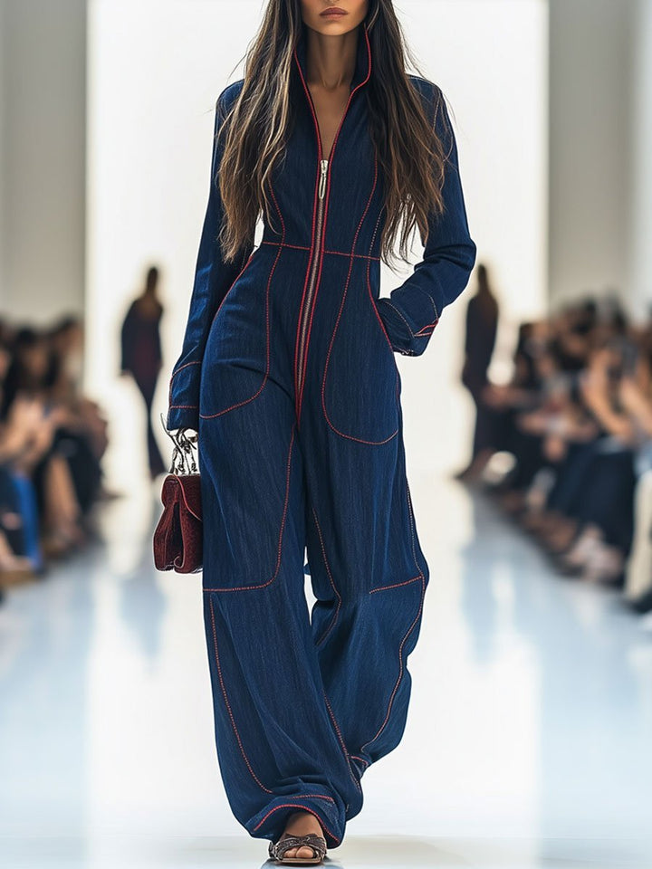 Marina | Langarm-Jumpsuit im Denim-Look mit Front-Reißverschluss und Weitem Bein