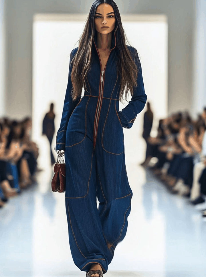 Marina | Langarm-Jumpsuit im Denim-Look mit Front-Reißverschluss und Weitem Bein