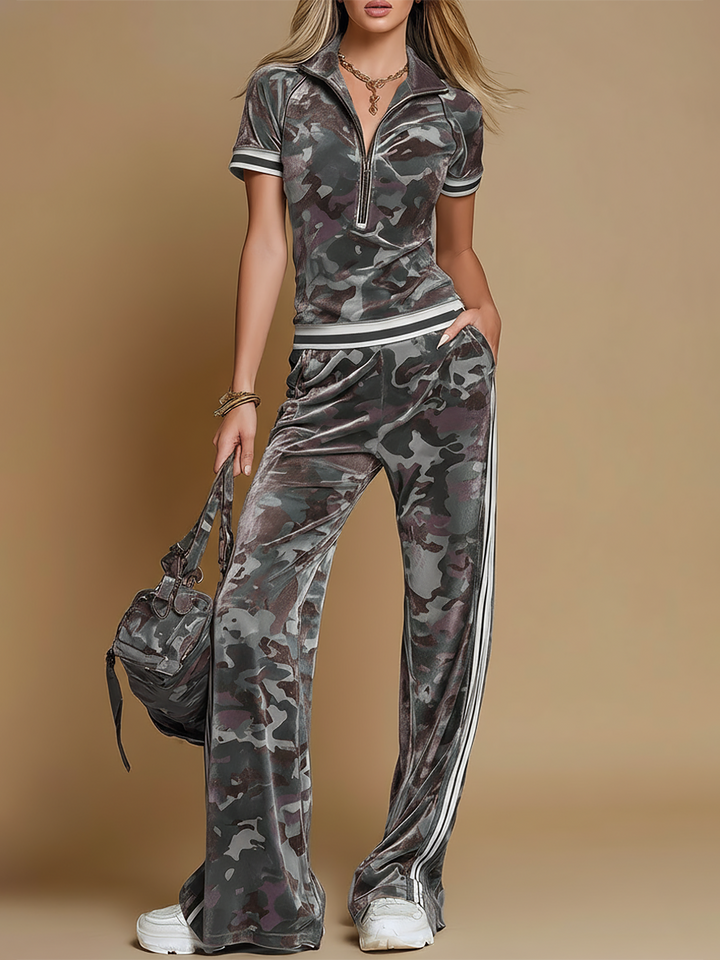 Mia | Camouflage-Zweiteiler mit Kurzarm-Top und Weithose