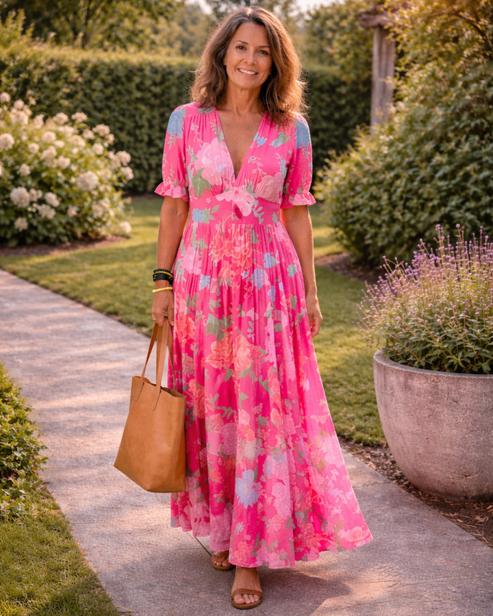 Aria | Fließendes Plissee-Maxikleid mit Blumendruck