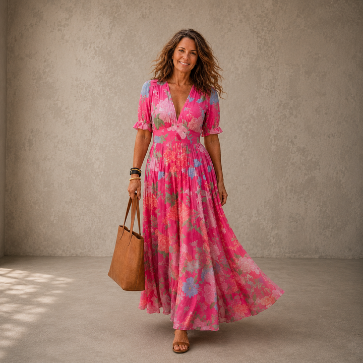 Aria | Fließendes Plissee-Maxikleid mit Blumendruck