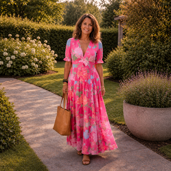 Aria | Fließendes Plissee-Maxikleid mit Blumendruck
