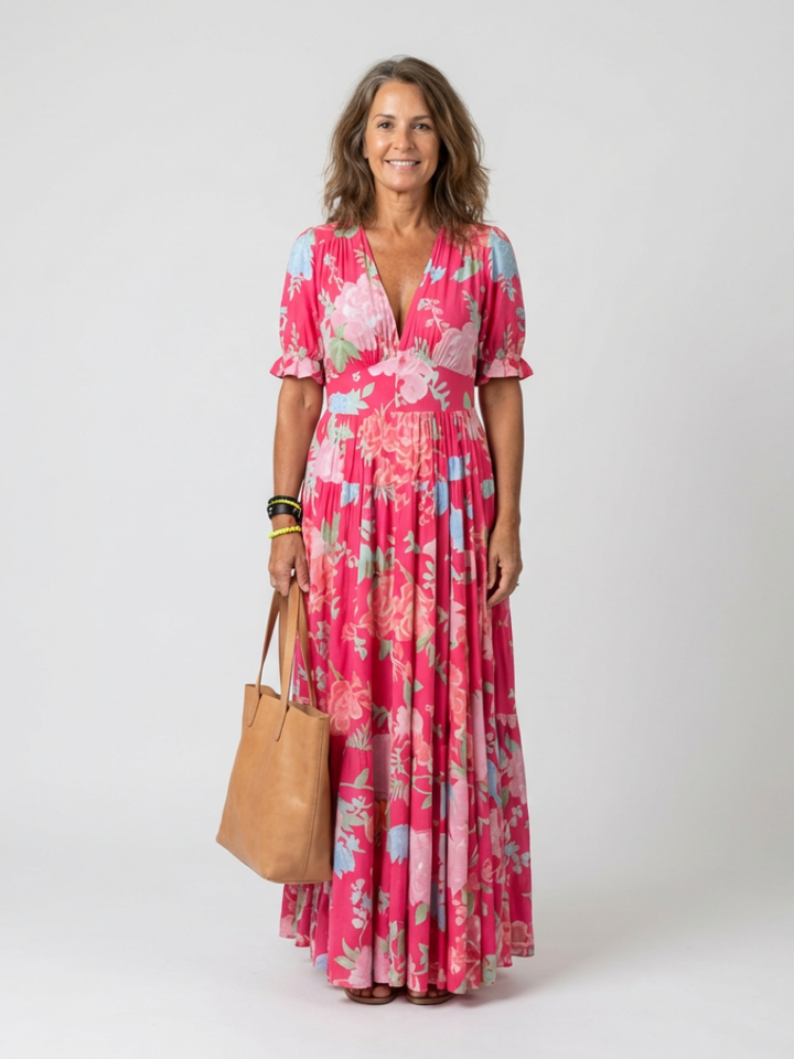Aria | Fließendes Plissee-Maxikleid mit Blumendruck