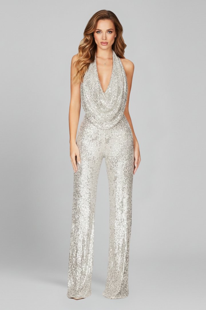 Olivia | Pailletten-Neckholder-Jumpsuit mit Rückenausschnitt und Palazzo-Bein