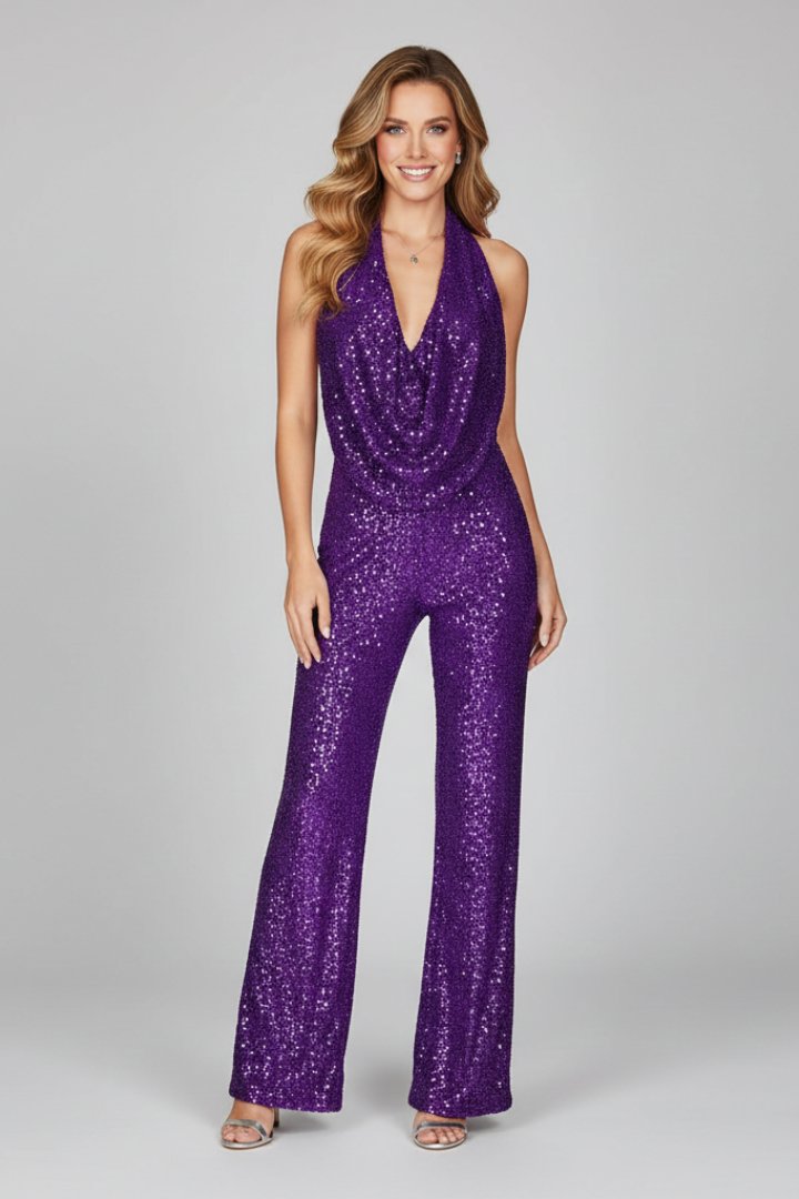 Olivia | Pailletten-Neckholder-Jumpsuit mit Rückenausschnitt und Palazzo-Bein