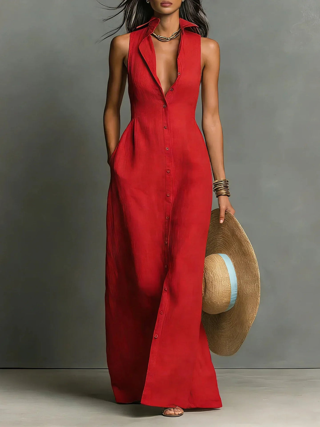 Melanie | Ärmelloses Maxi-Hemdblusenkleid mit Knopfleiste