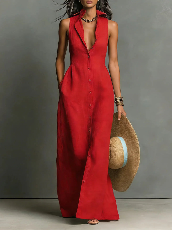 Melanie | Ärmelloses Maxi-Hemdblusenkleid mit Knopfleiste