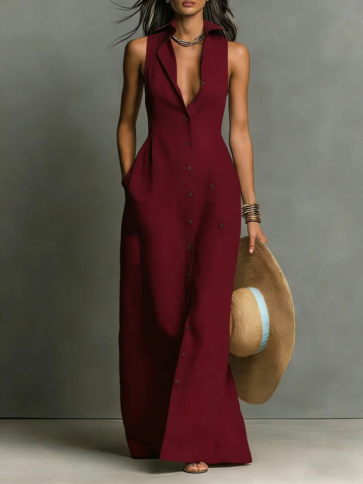 Melanie | Ärmelloses Maxi-Hemdblusenkleid mit Knopfleiste
