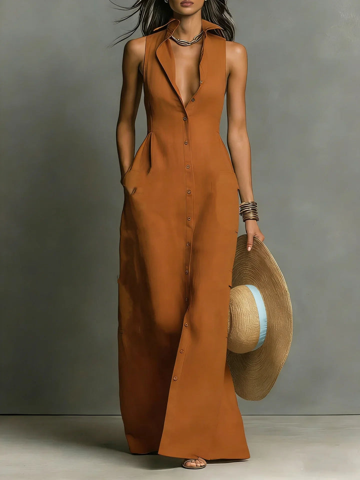 Melanie | Ärmelloses Maxi-Hemdblusenkleid mit Knopfleiste
