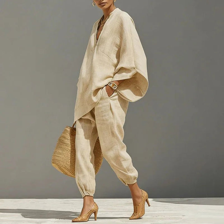 Anna | Leinen-Zweiteiler mit Fledermausärmeln und Tapered-Hose