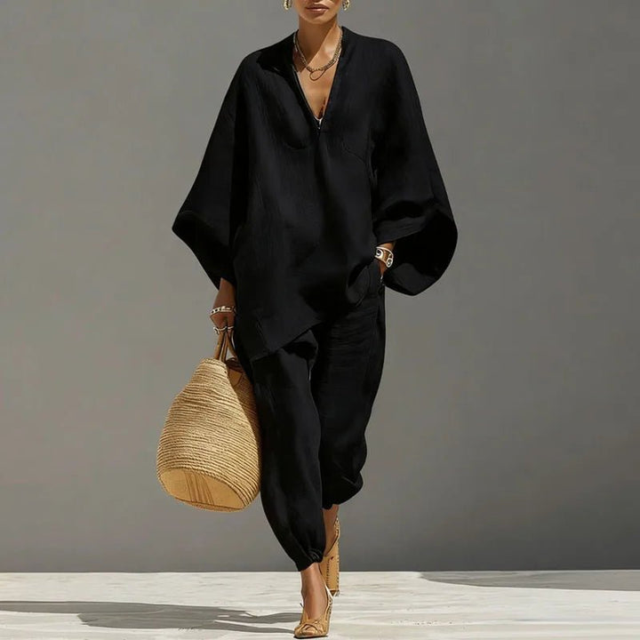 Anna | Leinen-Zweiteiler mit Fledermausärmeln und Tapered-Hose