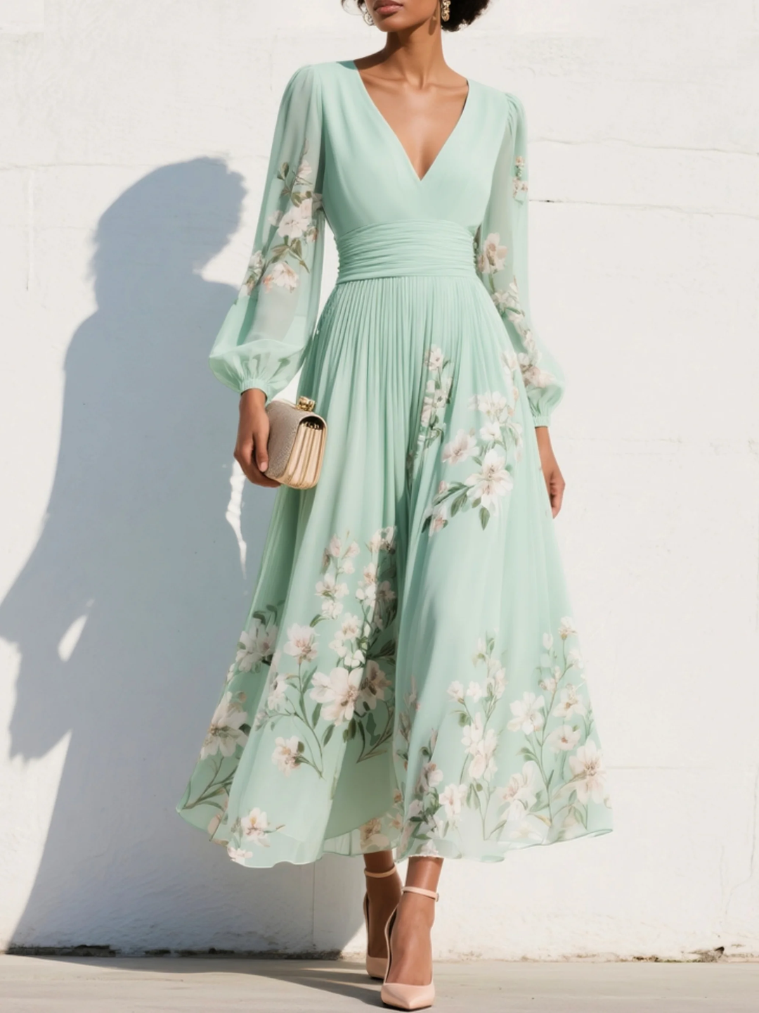 Flora | Florales Midikleid mit V-Ausschnitt und langen Ärmeln