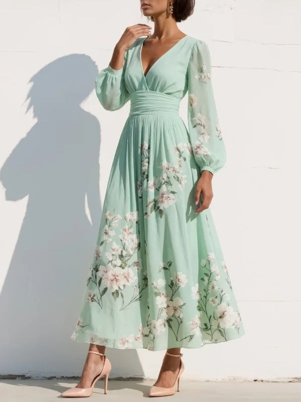 Flora | Florales Midikleid mit V-Ausschnitt und langen Ärmeln