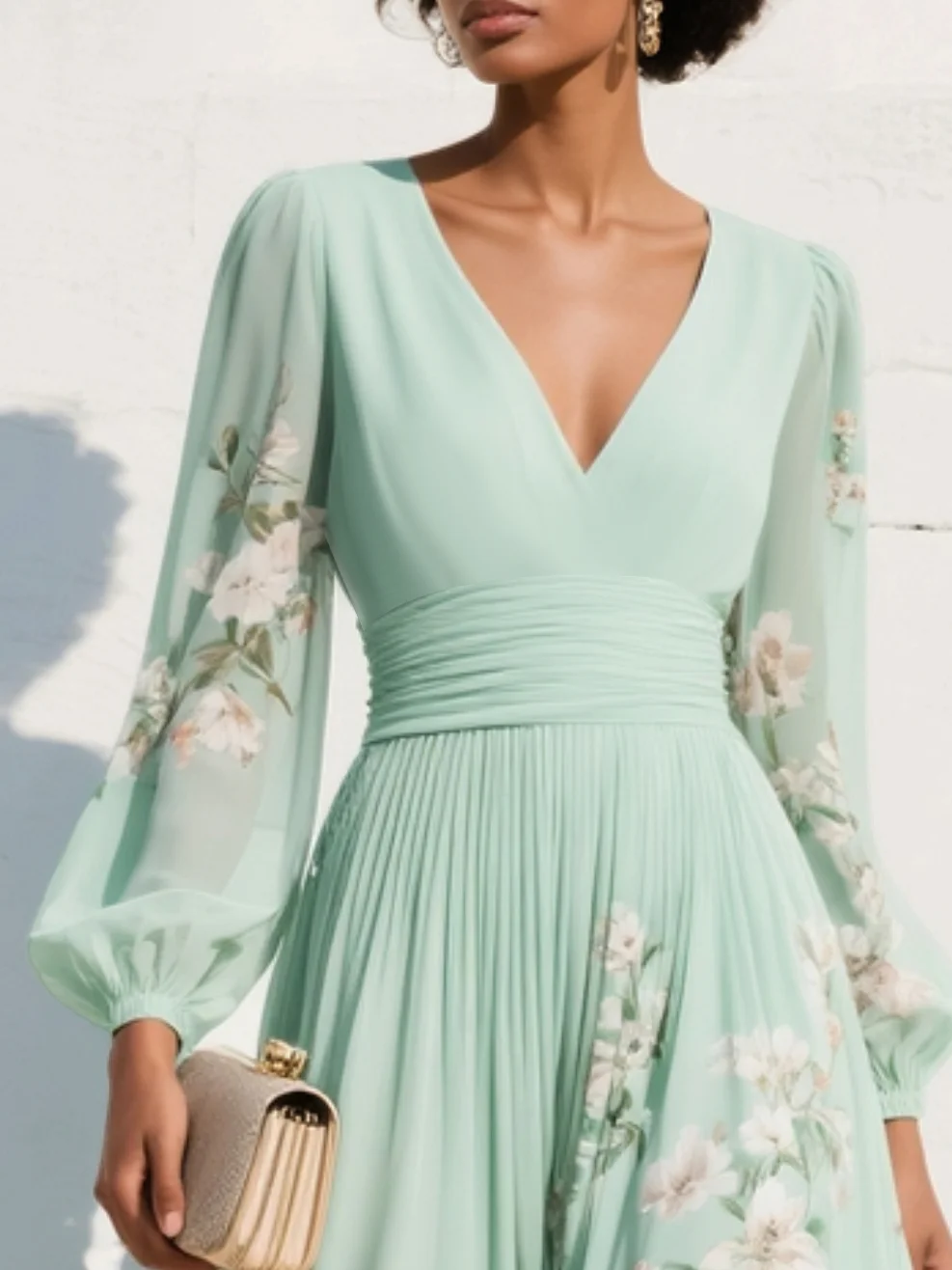 Flora | Florales Midikleid mit V-Ausschnitt und langen Ärmeln