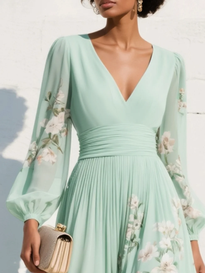 Flora | Florales Midikleid mit V-Ausschnitt und langen Ärmeln
