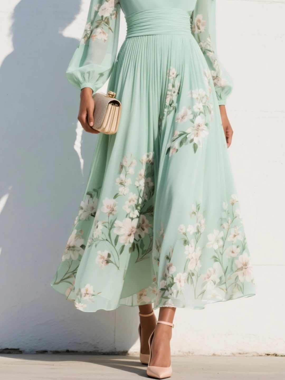 Flora | Florales Midikleid mit V-Ausschnitt und langen Ärmeln