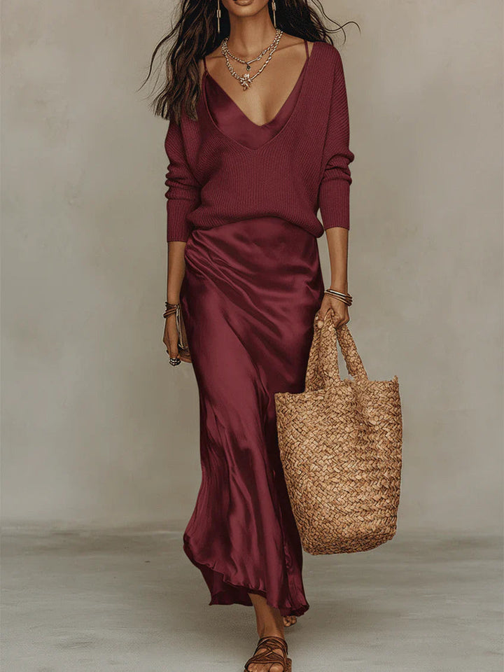 Hannah | Satin-Midikleid mit passendem Strickpullover-Set