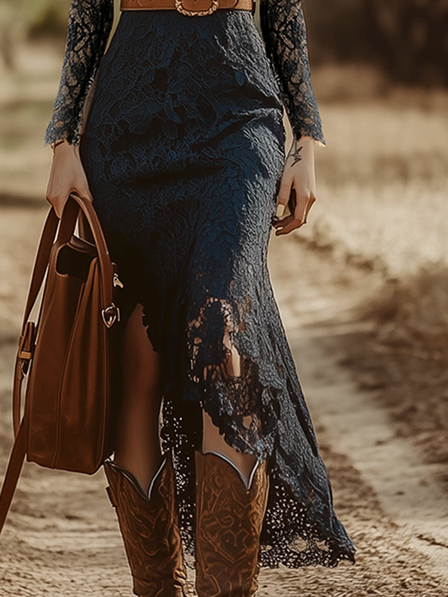 Marie | Langarm-Midikleid mit Allover-Spitze und V-Ausschnitt