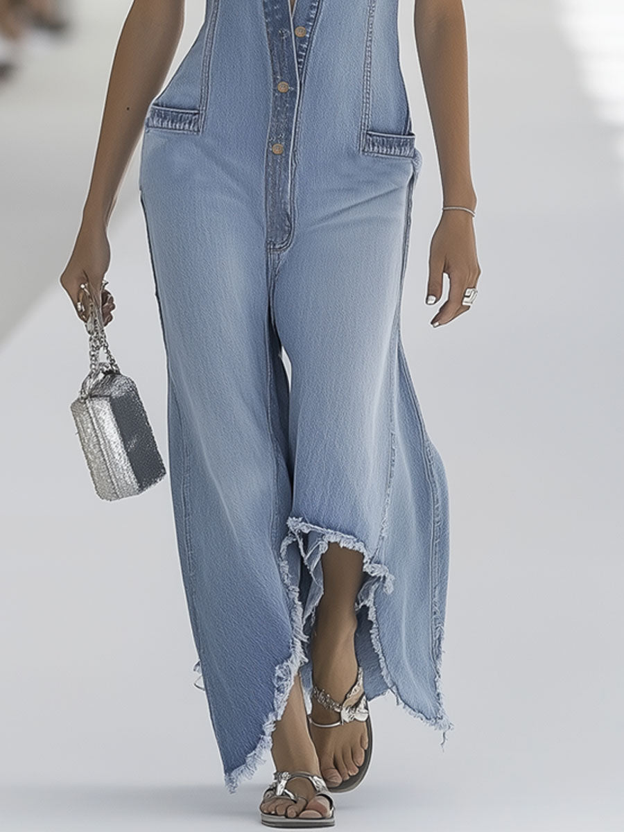 Annett | Ärmelloser Jumpsuit mit Knopfleiste, Kragen und Weitem Bein