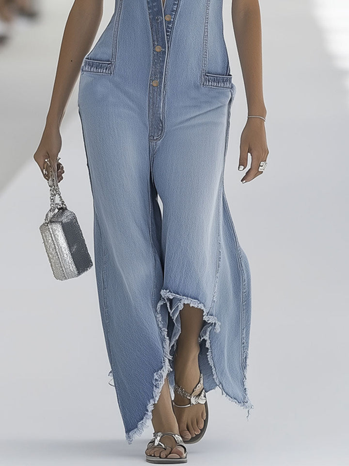 Annett | Ärmelloser Jumpsuit mit Knopfleiste, Kragen und Weitem Bein
