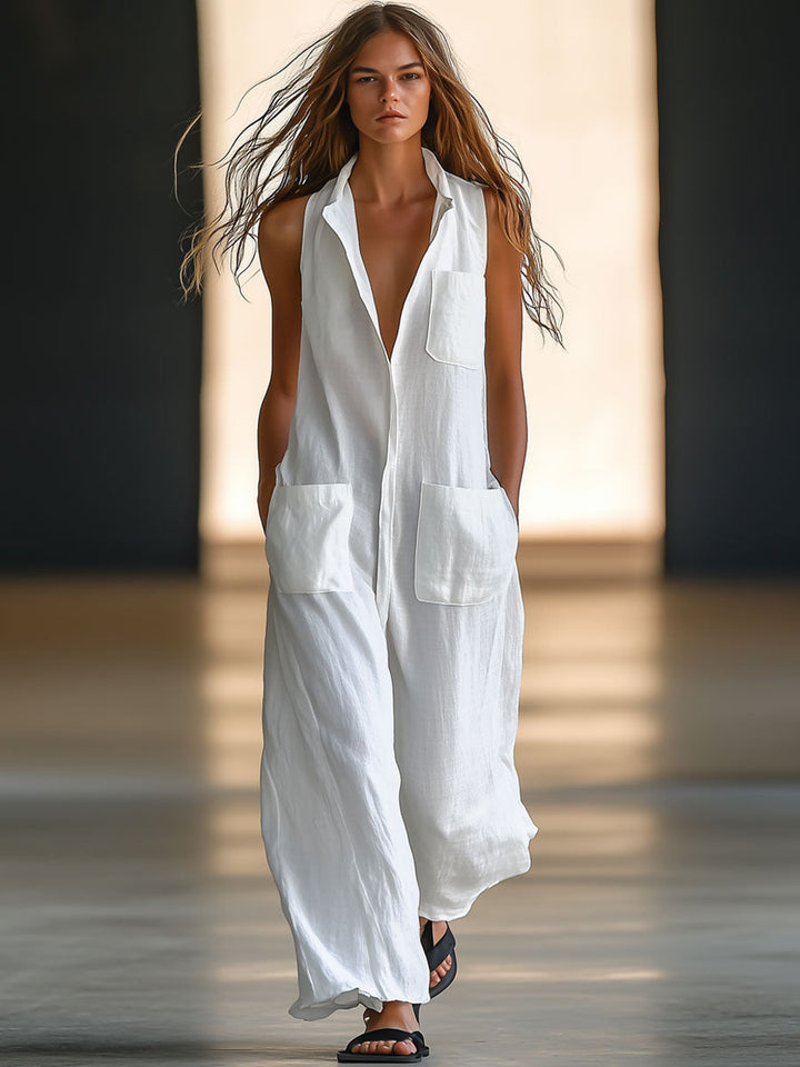 Lina | Ärmelloser Jumpsuit mit Knopfleiste, Weitem Bein und Seitentaschen
