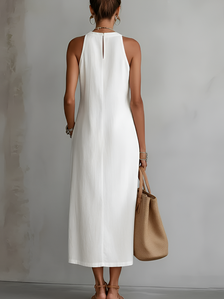 Helena | Ärmelloses Leinen-Midikleid mit Rundhalsausschnitt und Taschen