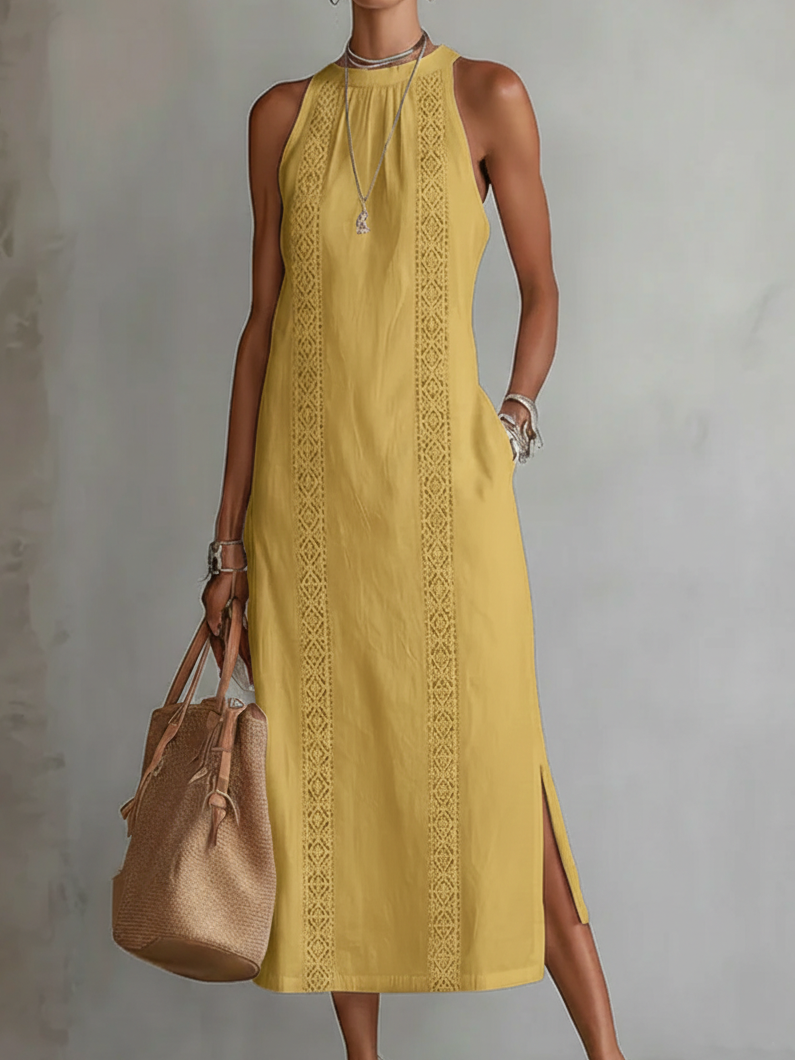 Helena | Ärmelloses Leinen-Midikleid mit Rundhalsausschnitt und Taschen