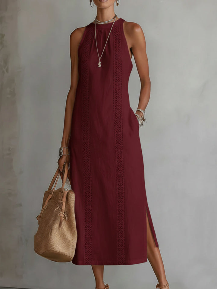Helena | Ärmelloses Leinen-Midikleid mit Rundhalsausschnitt und Taschen