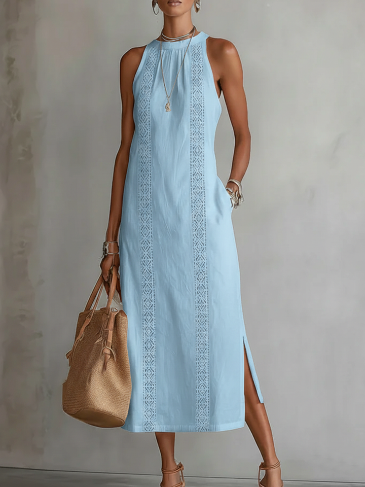 Helena | Ärmelloses Leinen-Midikleid mit Rundhalsausschnitt und Taschen