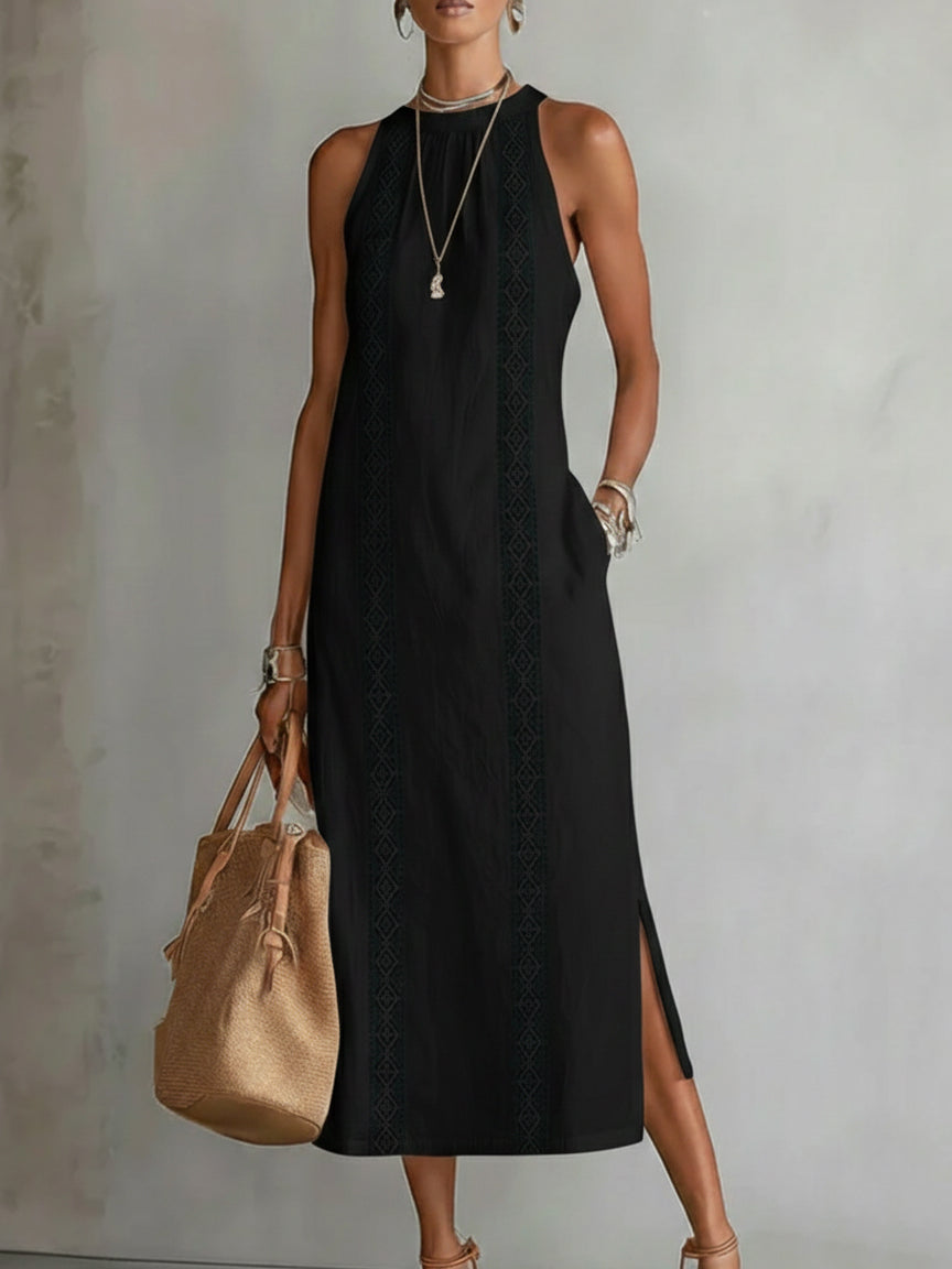 Helena | Ärmelloses Leinen-Midikleid mit Rundhalsausschnitt und Taschen