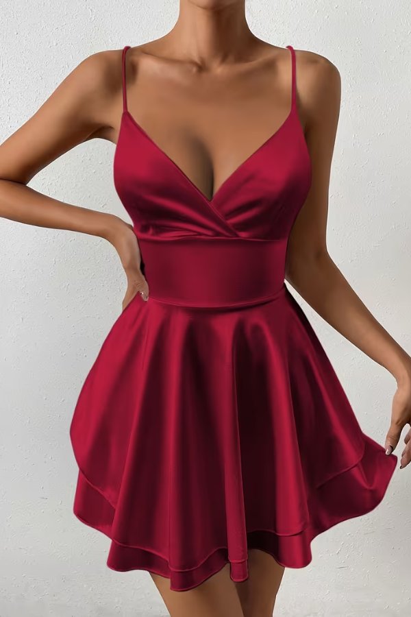 Jessika | Satin-Skaterkleid mit Wickel-V-Ausschnitt und Rückenausschnitt