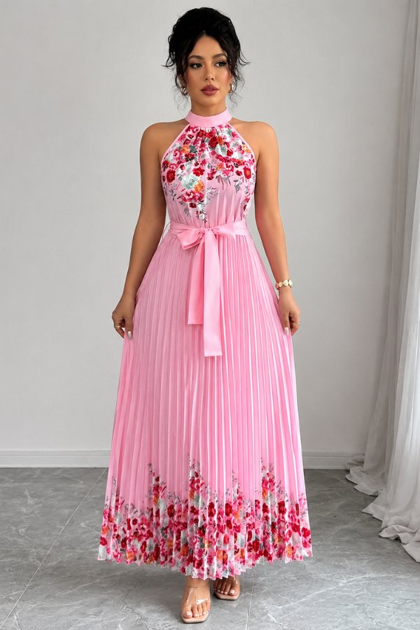 Lilly | Plissee-Midikleid mit Neckholder und Blumendetails