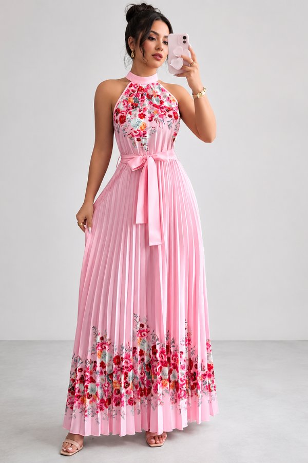 Lilly | Plissee-Midikleid mit Neckholder und Blumendetails