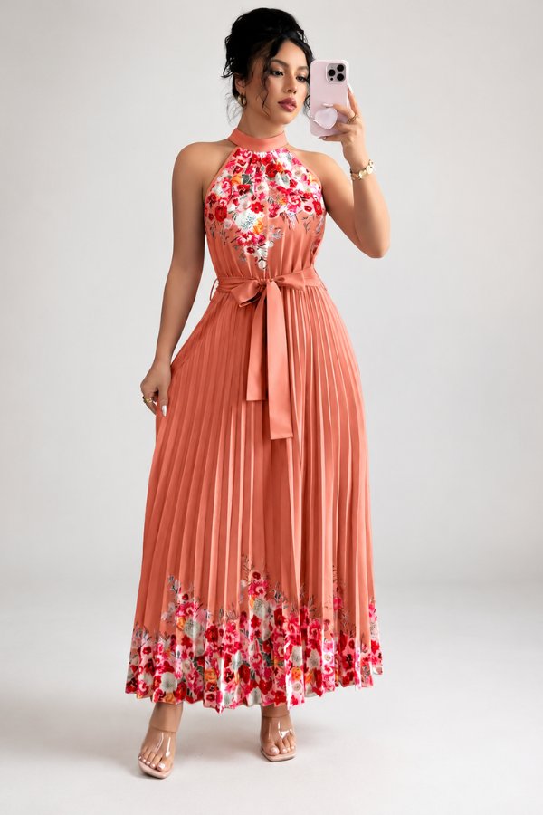 Lilly | Plissee-Midikleid mit Neckholder und Blumendetails