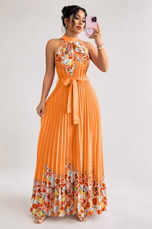Lilly | Plissee-Midikleid mit Neckholder und Blumendetails
