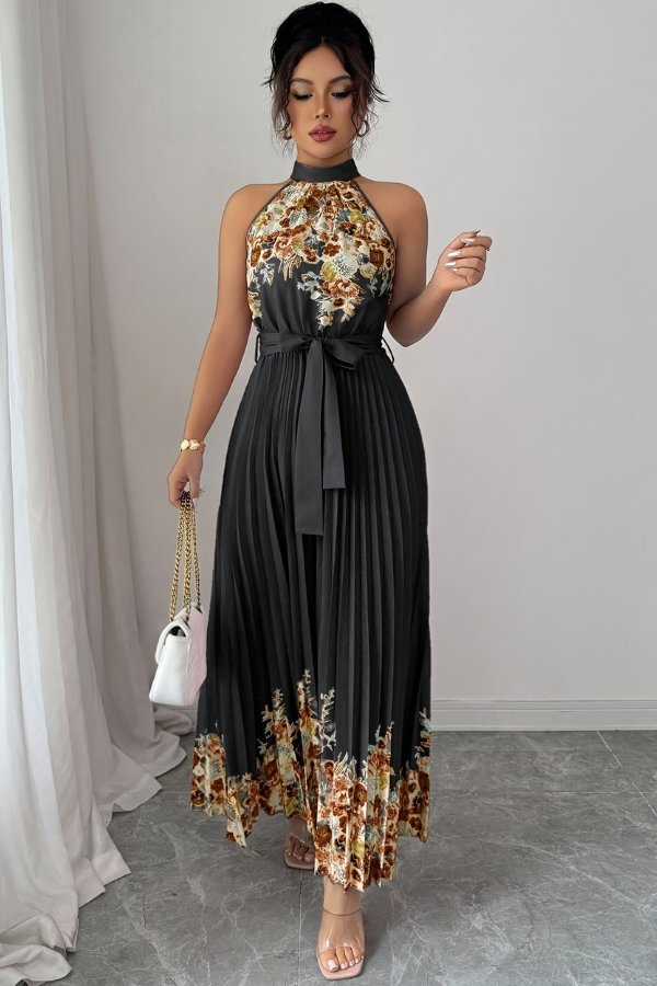 Lilly | Plissee-Midikleid mit Neckholder und Blumendetails