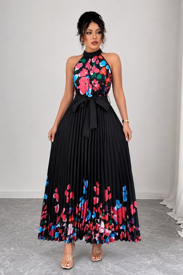 Lilly | Plissee-Midikleid mit Neckholder und Blumendetails