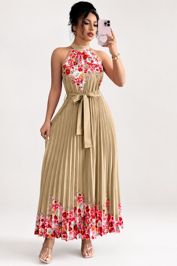 Lilly | Plissee-Midikleid mit Neckholder und Blumendetails