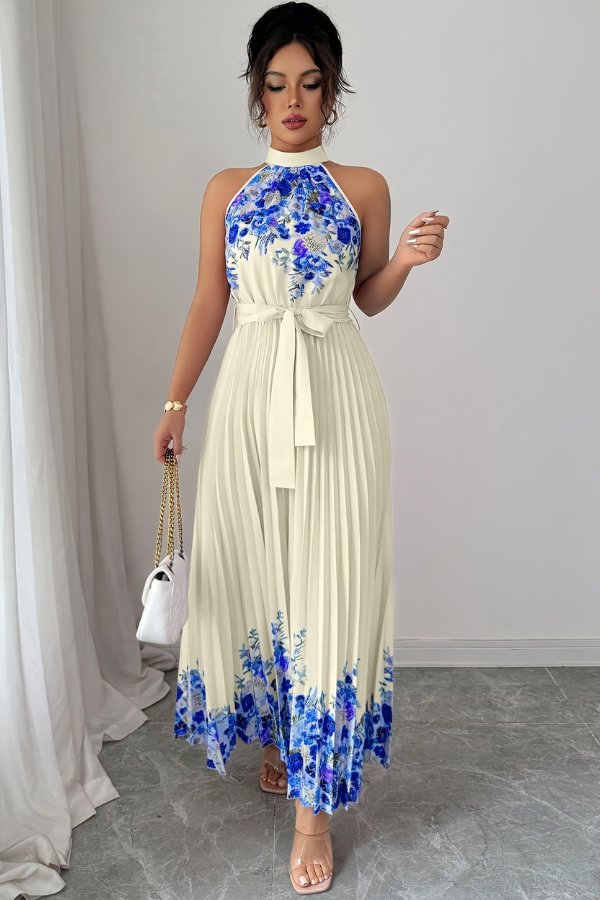 Lilly | Plissee-Midikleid mit Neckholder und Blumendetails