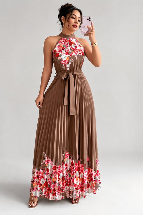 Lilly | Plissee-Midikleid mit Neckholder und Blumendetails