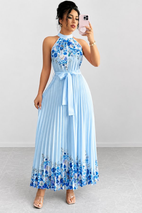 Lilly | Plissee-Midikleid mit Neckholder und Blumendetails