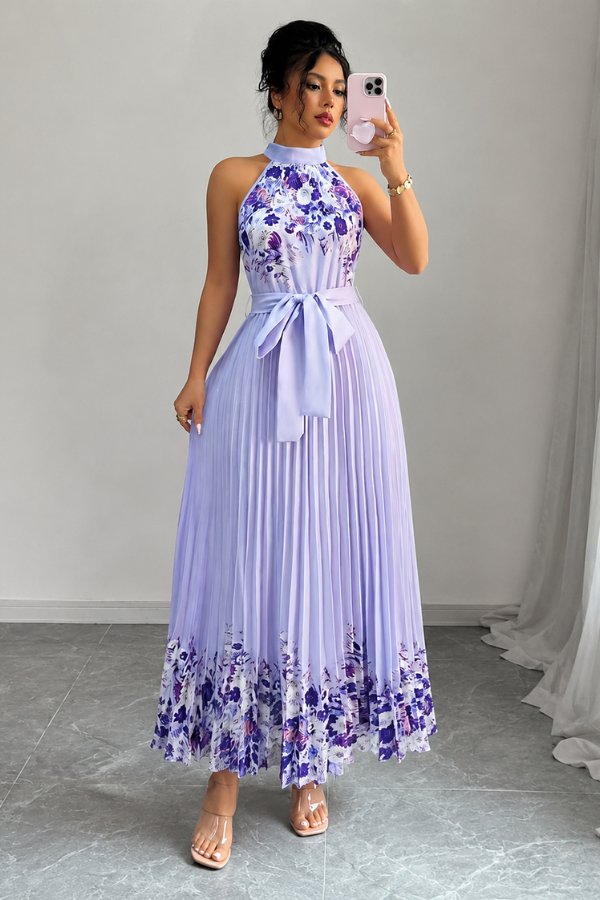 Lilly | Plissee-Midikleid mit Neckholder und Blumendetails
