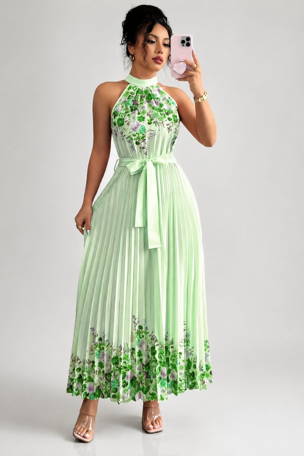 Lilly | Plissee-Midikleid mit Neckholder und Blumendetails