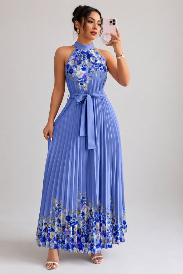 Lilly | Plissee-Midikleid mit Neckholder und Blumendetails