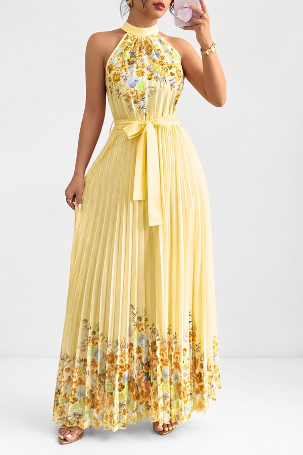 Lilly | Plissee-Midikleid mit Neckholder und Blumendetails